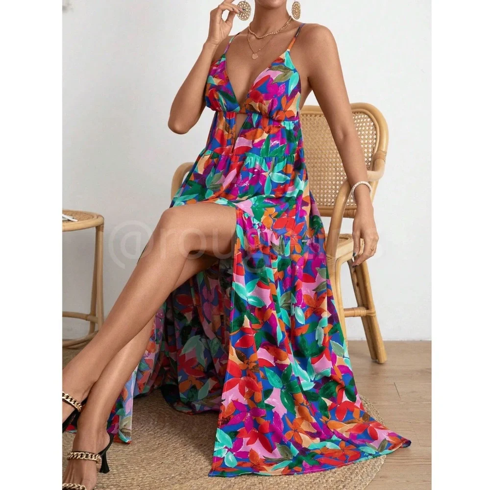 Tropical Floral Multicolor Maxi Cami Cut Out Criss Cross Straps Dress Babydoll - Picture 2 of 7